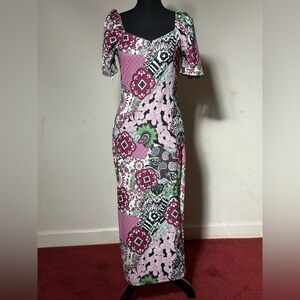 Floral & Geo Print Puff Sleeve Split Back Dress